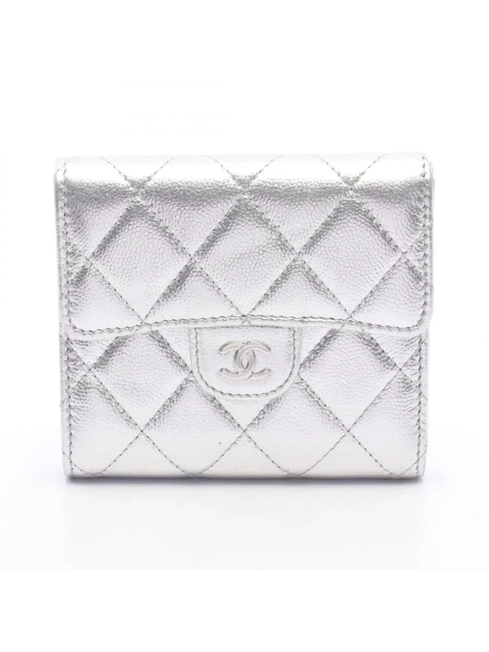 Chanel Trifold Wallet Classic Small Flap Silver Caviar Leather Quilted